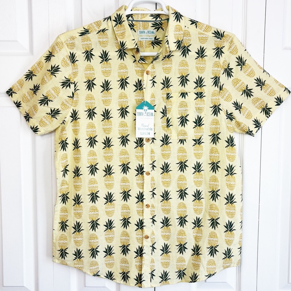 NWT Tenth + Ocean Yellow Pineapple Print Linen Button Up Shirt Medium